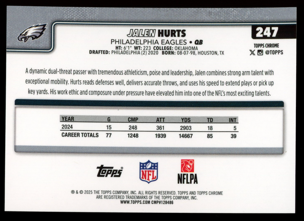 JALEN HURTS 2025 Topps Chrome Image Variation White Refractor /30 #247 Eagles