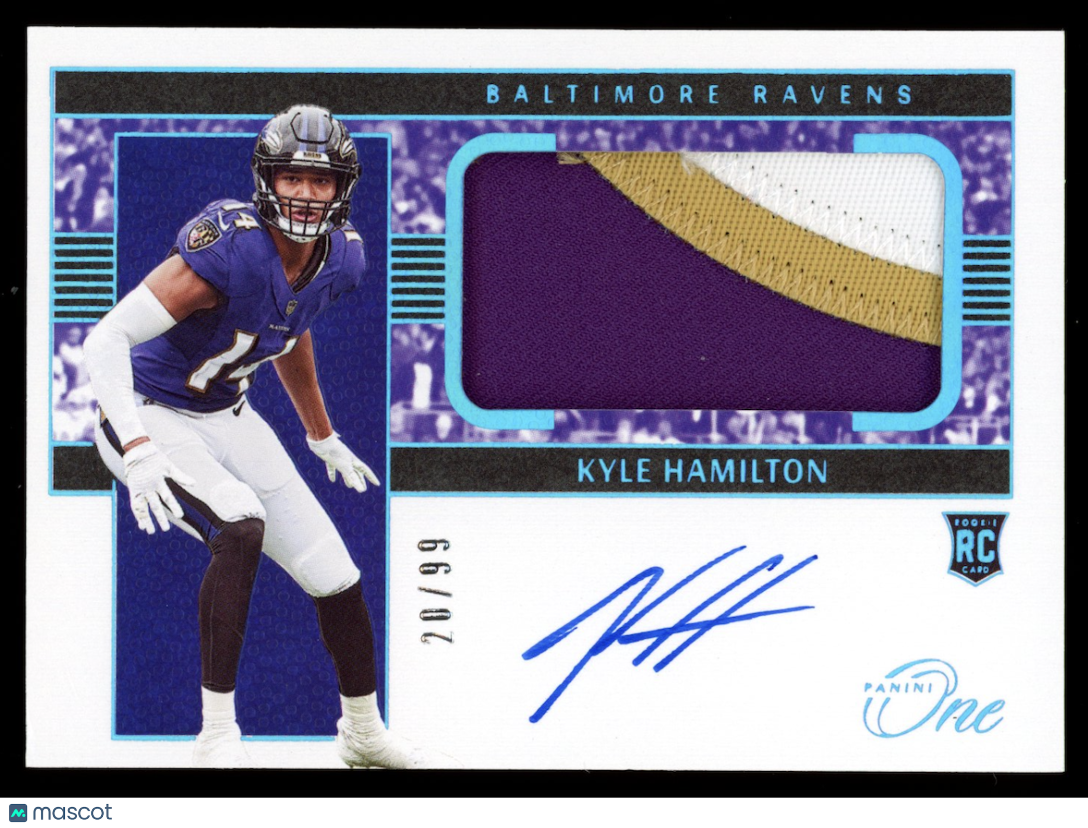 KYLE HAMILTON 2022 Panini One Rookie 3 Color Patch Auto /99 #8 Ravens