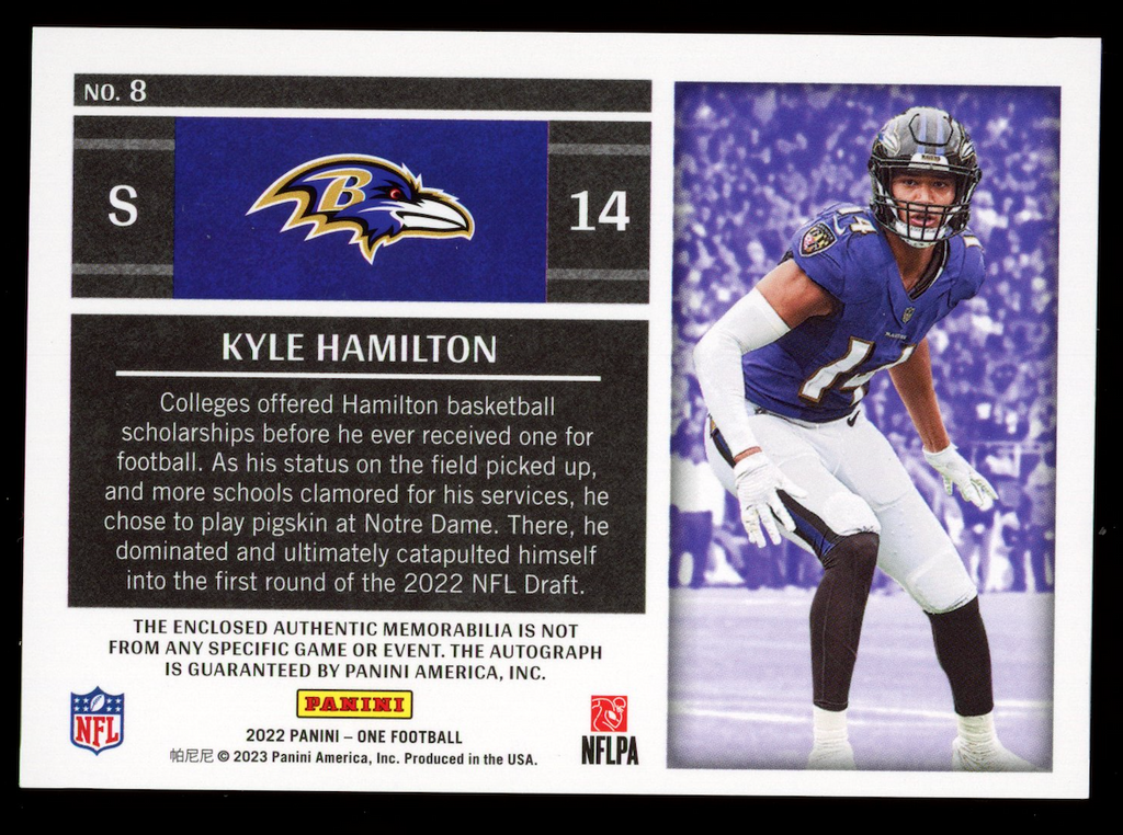KYLE HAMILTON 2022 Panini One Rookie 3 Color Patch Auto /99 #8 Ravens