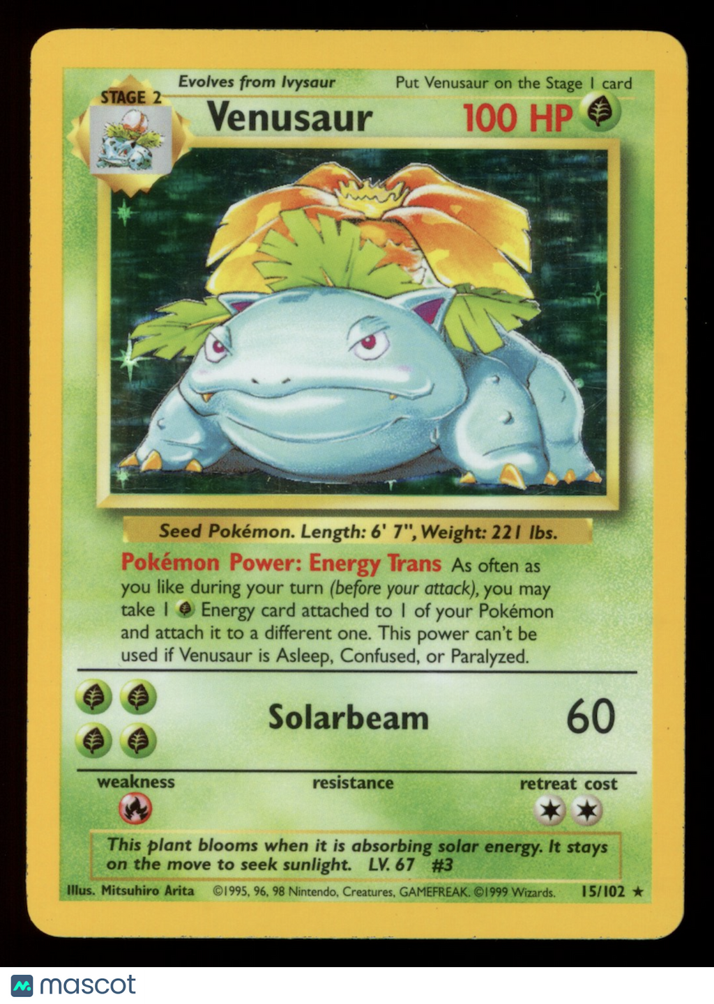 VENUSAUR 1999 Pokemon Base Set #15/102 Holo Rare