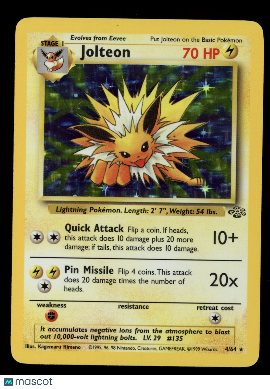 JOLTEON 1999 Pokemon Jungle Holo Rare #4/64
