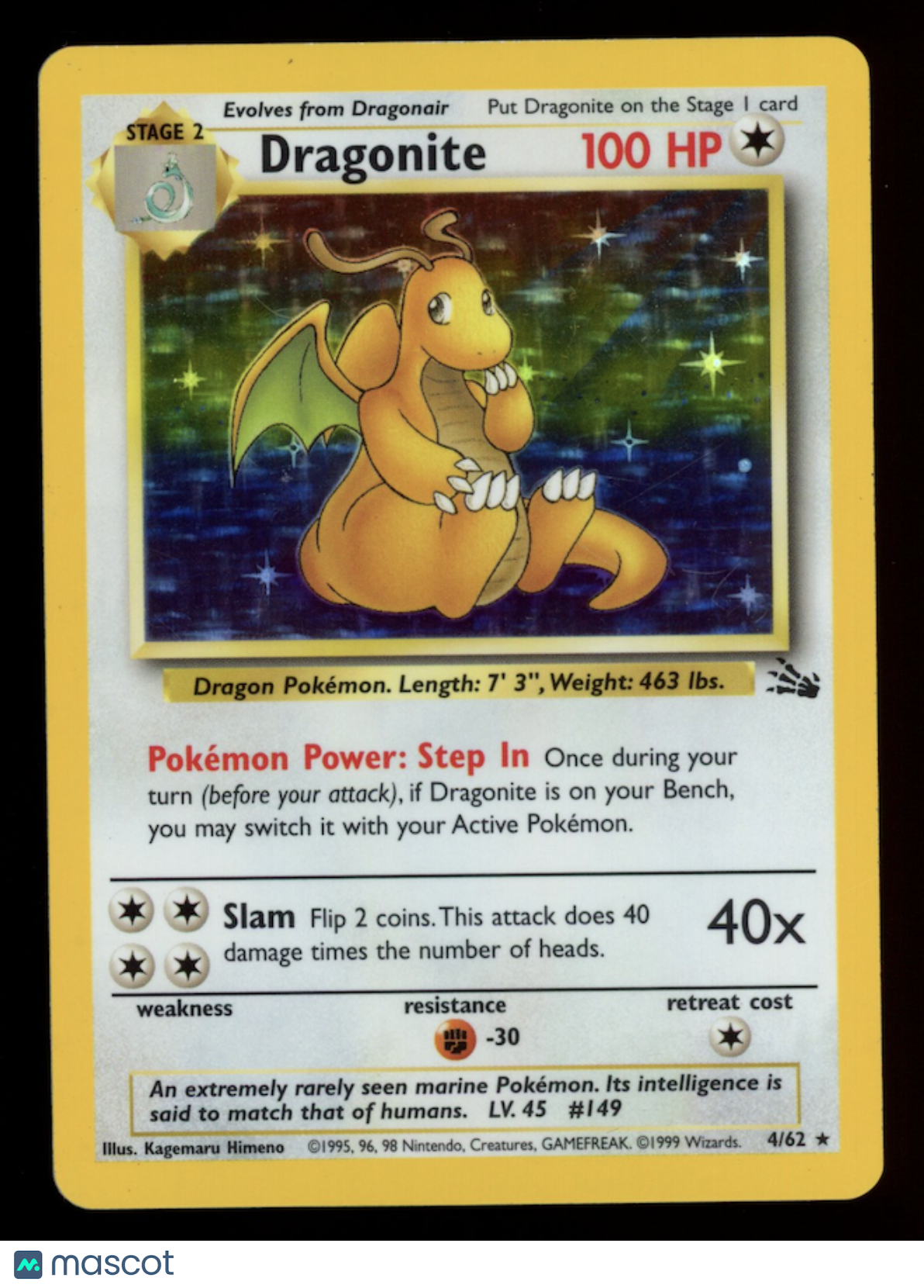 DRAGONITE 1999 Pokemon Fossil Holo Rare #4/62