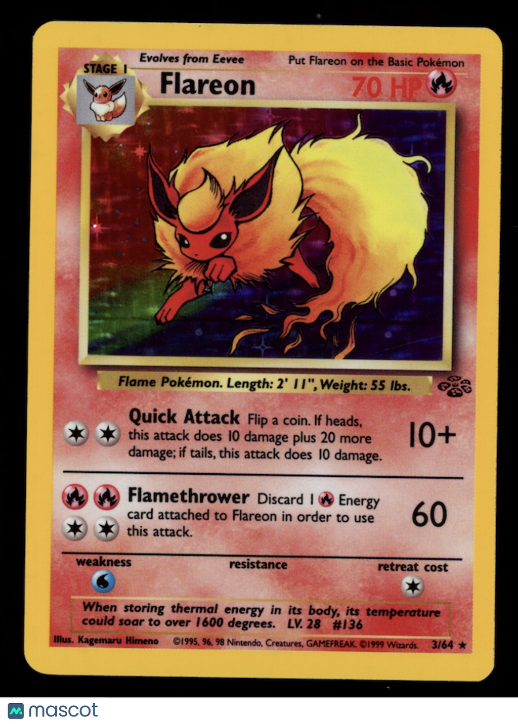 FLAREON 1999 Pokemon Jungle Holo Rare #3/64
