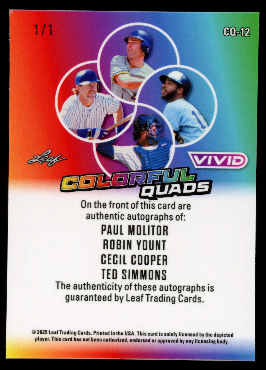 PAUL MOLITOR ROBIN YOUNT CECIL COOPER TED SIMMONS 2025 Leaf Vivid Quad Auto 1/1