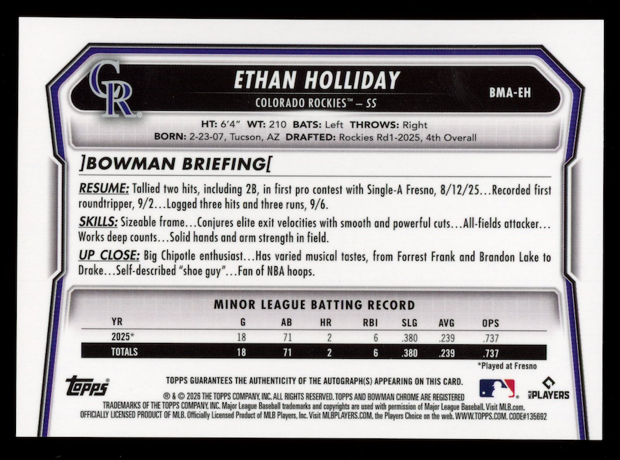 ETHAN HOLLIDAY 2026 Bowman Mega Chrome Auto Aqua Mojo Refractor /125 #BMA-EH