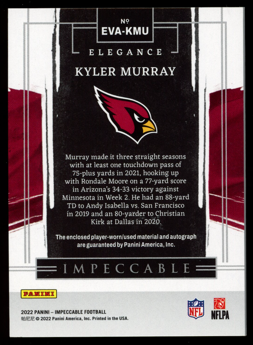 KYLER MURRAY 2022 Panini Impeccable Elegance Patch Auto /25 #EVA-KMU Cardinals