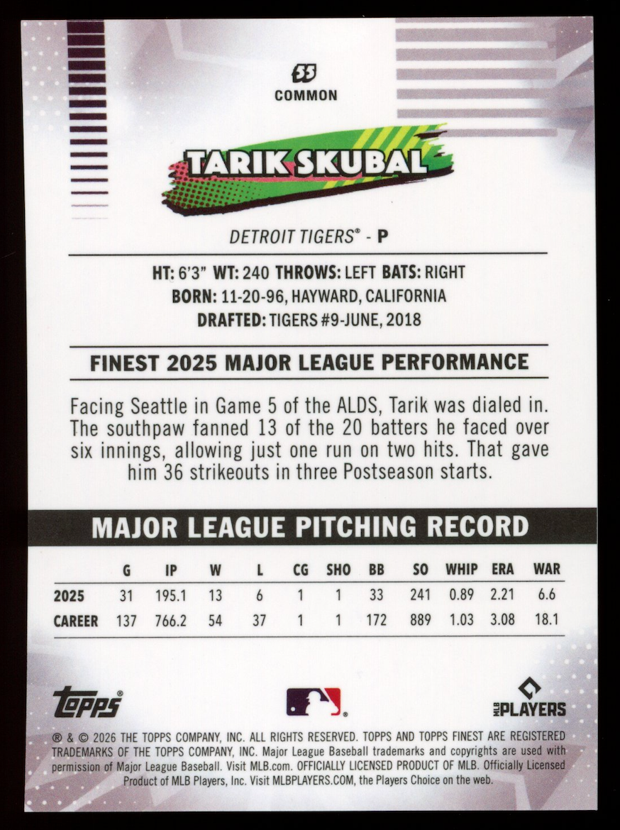 TARIK SKUBAL 2026 Topps Finest Black Mini Diamond Refractor /10 #55 Tigers