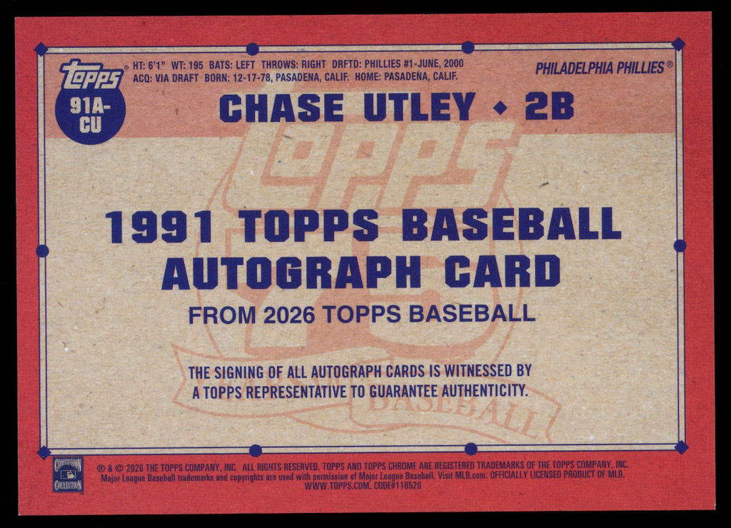 CHASE UTLEY 2026 Topps Series One 1991 75 Years of Baseball Auto #91ACU Phillies