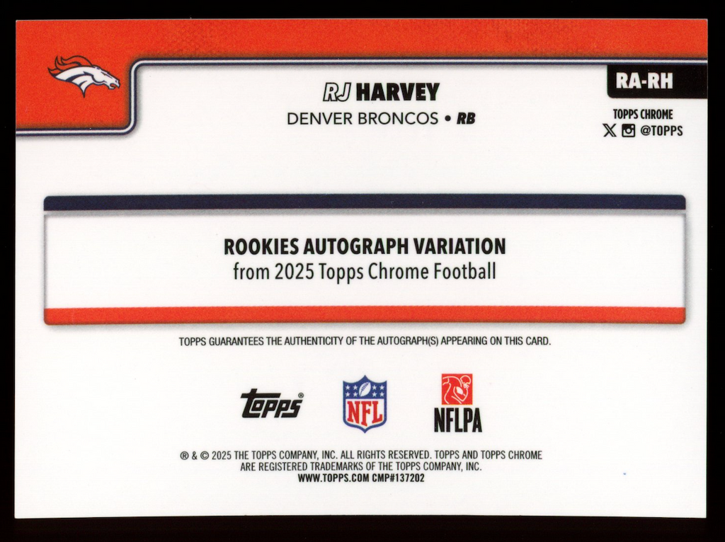 RJ HARVEY 2025 Topps Chrome Sapphire Rookie Auto Padparadscha 1/1 Broncos#RA-RH
