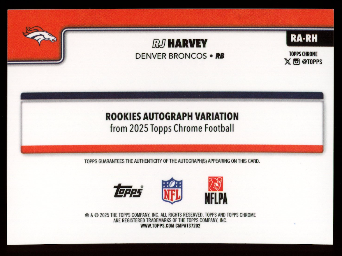 RJ HARVEY 2025 Topps Chrome Sapphire Rookie Auto Padparadscha 1/1 Broncos#RA-RH