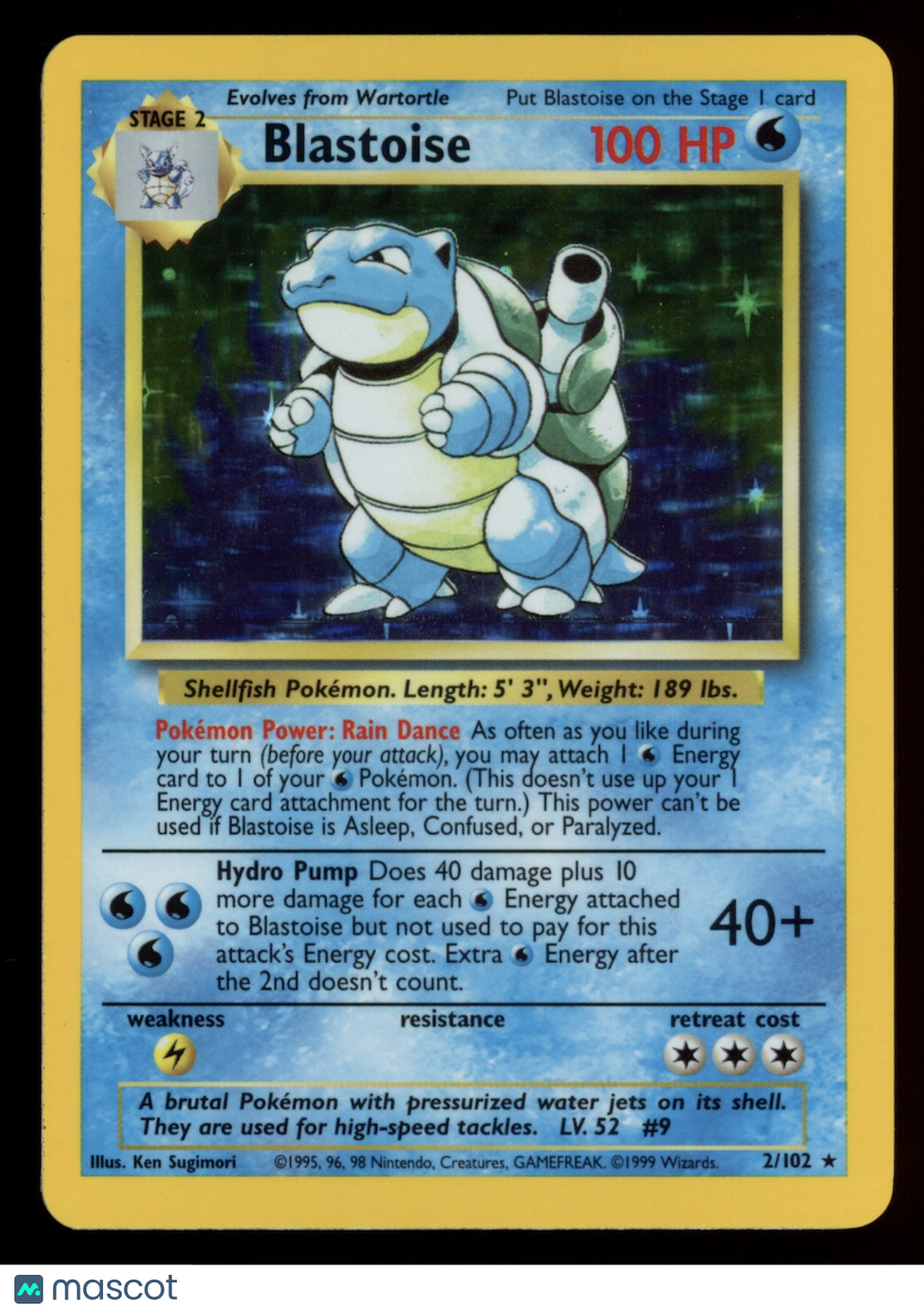 BLASTOISE 1999 Pokemon WoTC Base Set Holo Rare #2/102