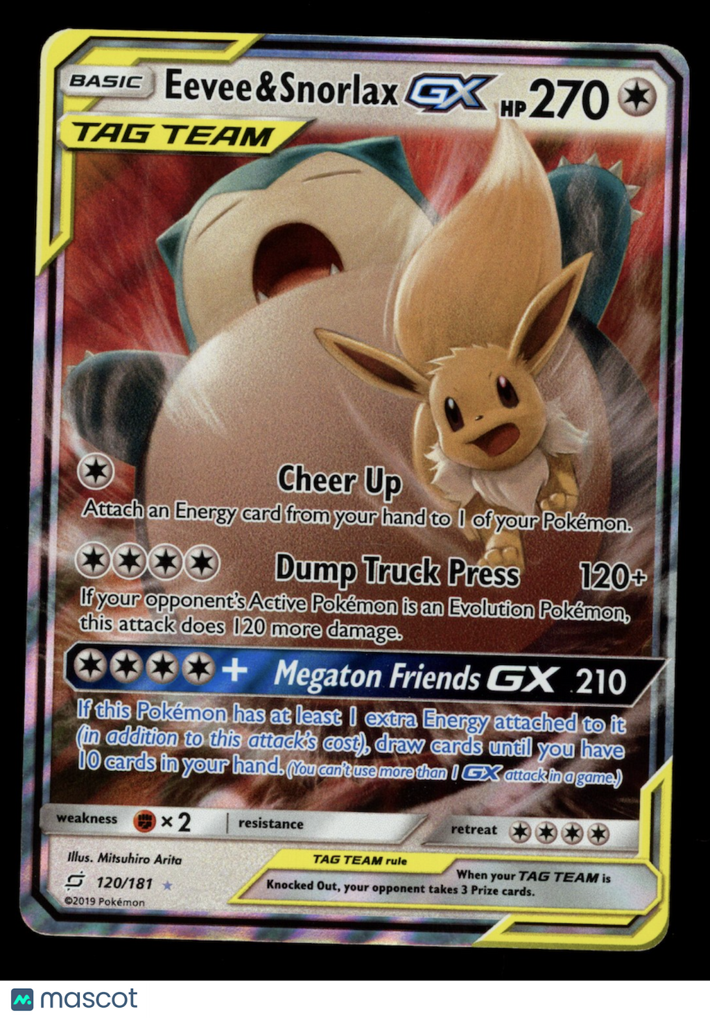 EEVEE & SNORLAX GX 2019 Pokemon Sun Moon Team Up Holo Rare #120/181