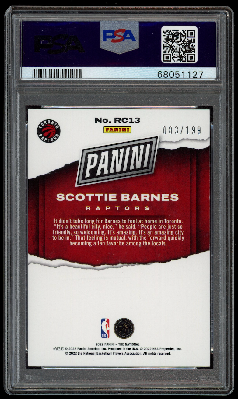 SCOTTIE BARNES 2022 Panini National Rookie Orange /199 #RC13 PSA 10 Raptors