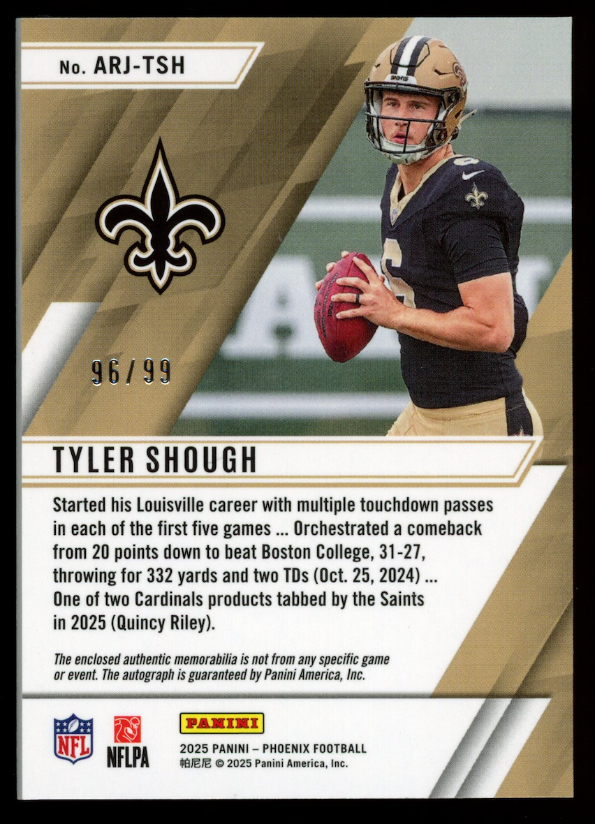 TYLER SHOUGH 2025 Panini Phoenix Ascension Rookie Patch Auto Pandora /99 Saints