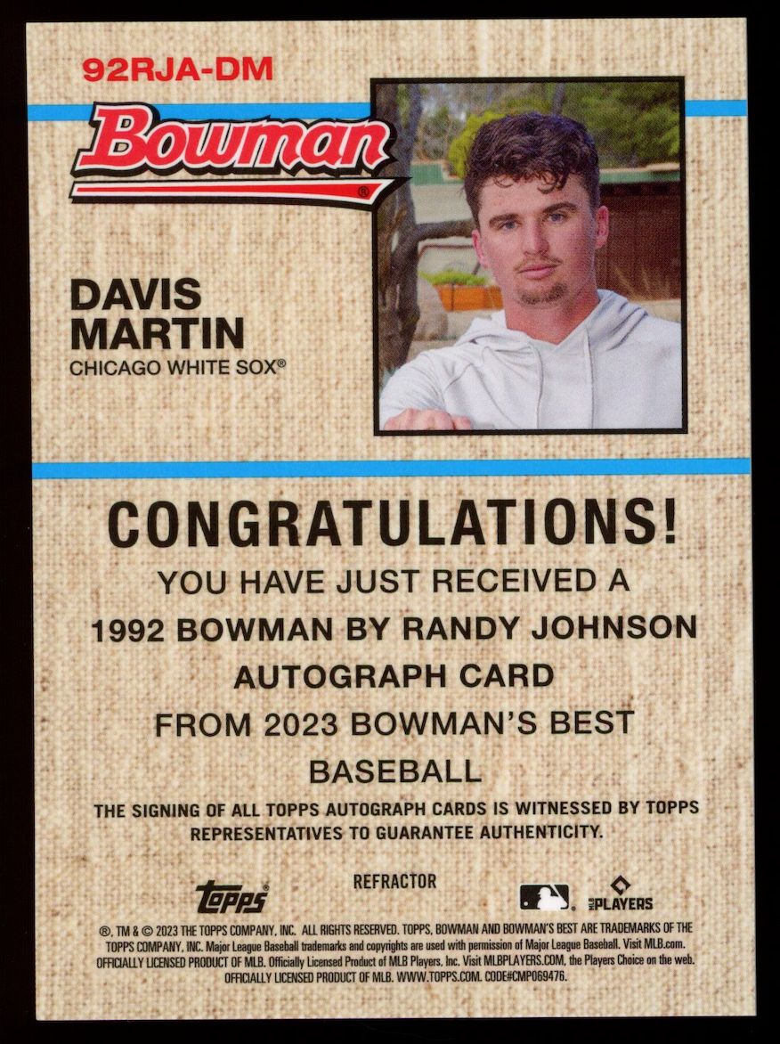 DAVIS MARTIN 2023 Bowman's Best 1992 by Randy Johnson Rookie Auto /250 #92RJA-DM