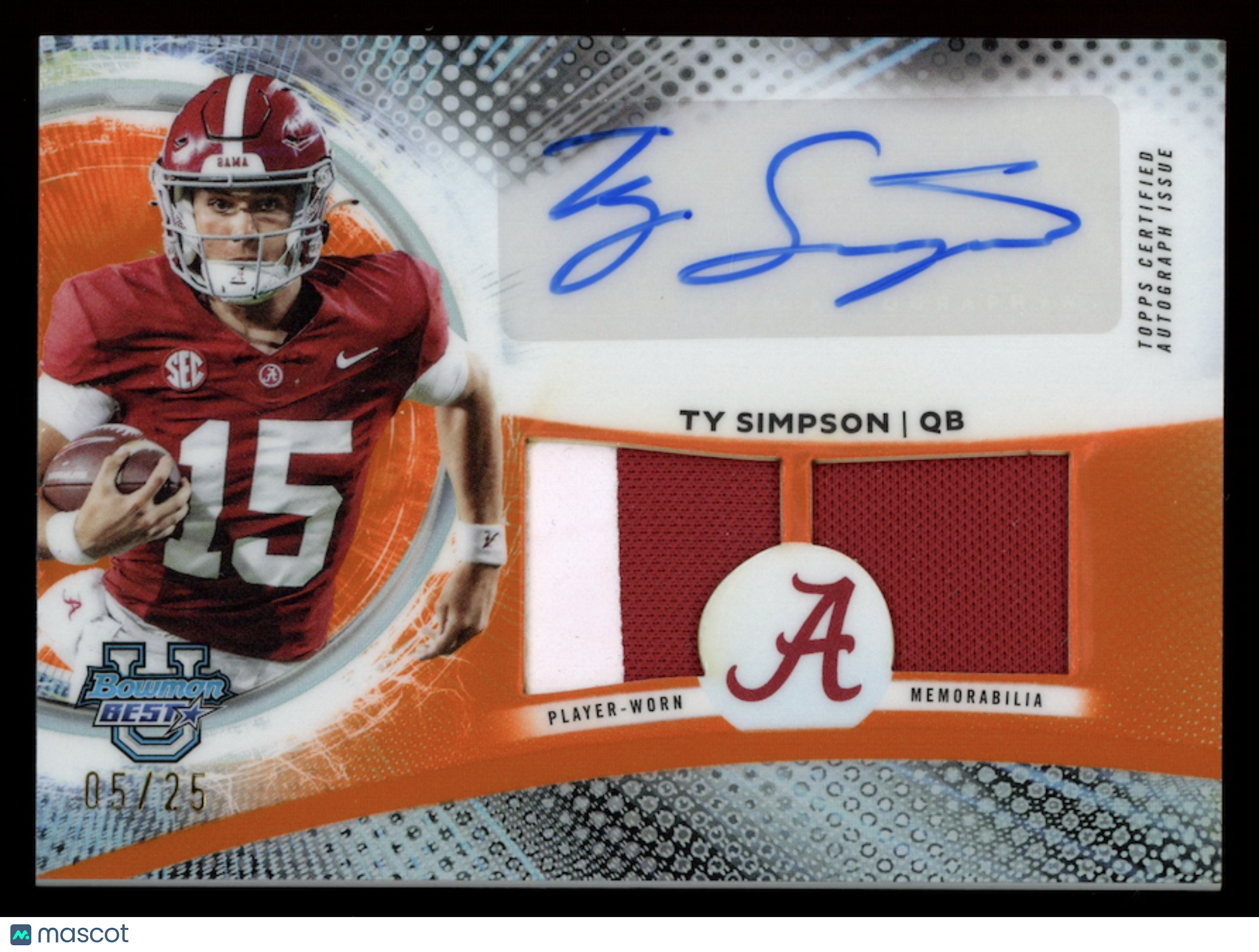 TY SIMPSON 2025 Bowman University Best Dual Patch Auto Orange /25 #DRA-TS