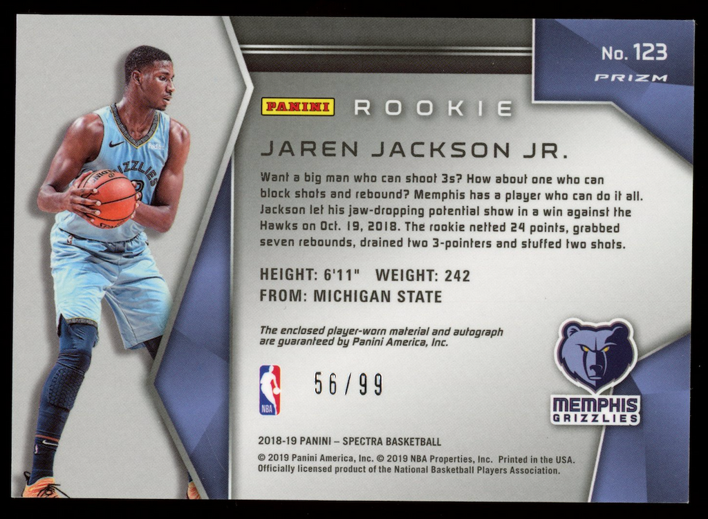 JAREN JACKSON JR. 2018-19 Panini Spectra Rookie Patch Auto Neon Blue /99 #123