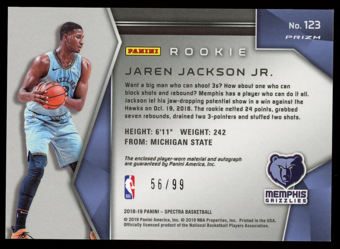 JAREN JACKSON JR. 2018-19 Panini Spectra Rookie Patch Auto Neon Blue /99 #123