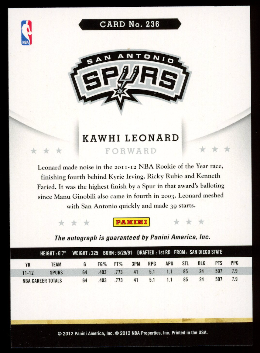 KAWHI LEONARD 2012-13 Panini NBA Hoops Rookie Auto #236 Spurs