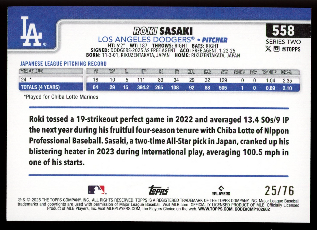 ROKI SASAKI 2025 Topps Series 2 Rookie Independence Day /76 #558 Dodgers