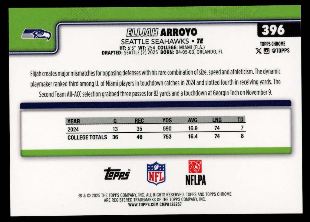 ELIJAH ARROYO 2025 Topps Chrome Sapphire Rookie Black /10 #396 Seahawks