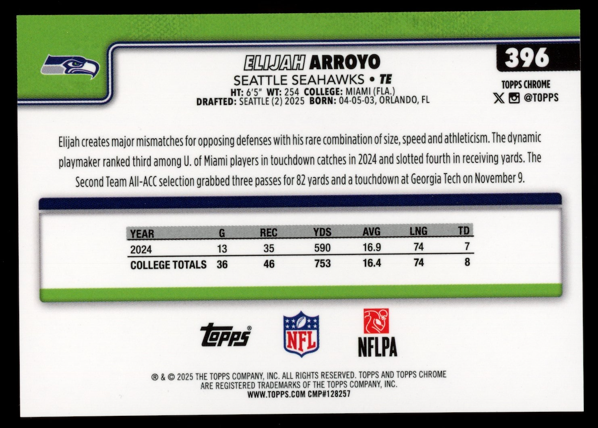 ELIJAH ARROYO 2025 Topps Chrome Sapphire Rookie Black /10 #396 Seahawks