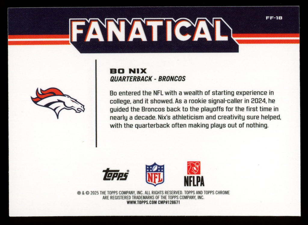 BO NIX 2025 Topps Chrome Fanatical Case Hit SSP #FF-18 Broncos