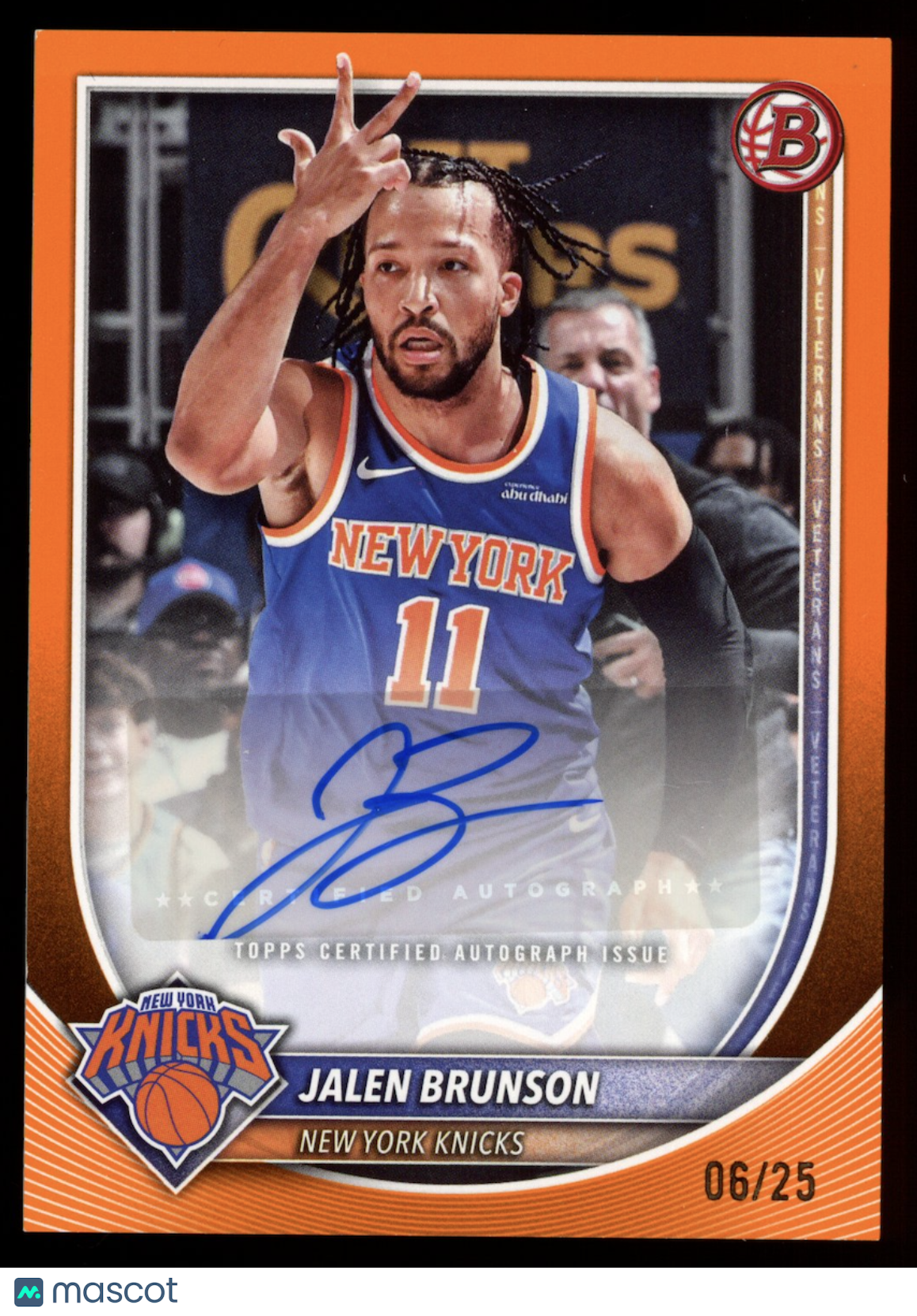 JALEN BRUNSON 2025-26 Bowman Paper Veteran Orange Auto /25 #RVA-JBR Knicks