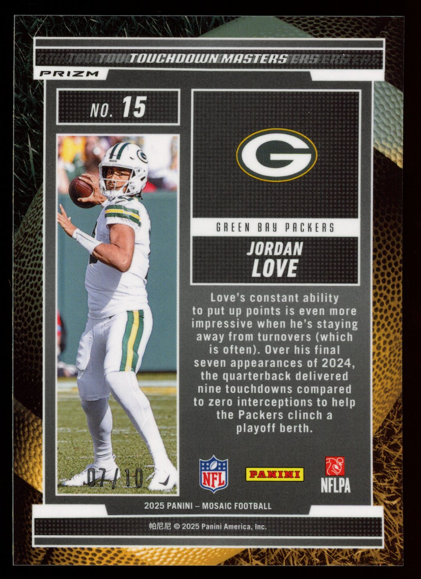 JORDAN LOVE 2025 Panini Mosaic Touchdown Masters Green Fluorescent /10 Packers