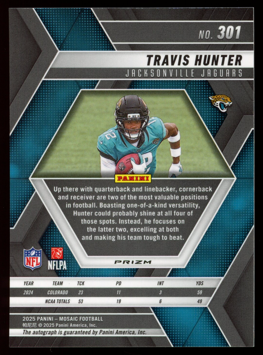 TRAVIS HUNTER 2025 Panini Mosaic Rookie Auto Silver Prizm #301 Jaguars