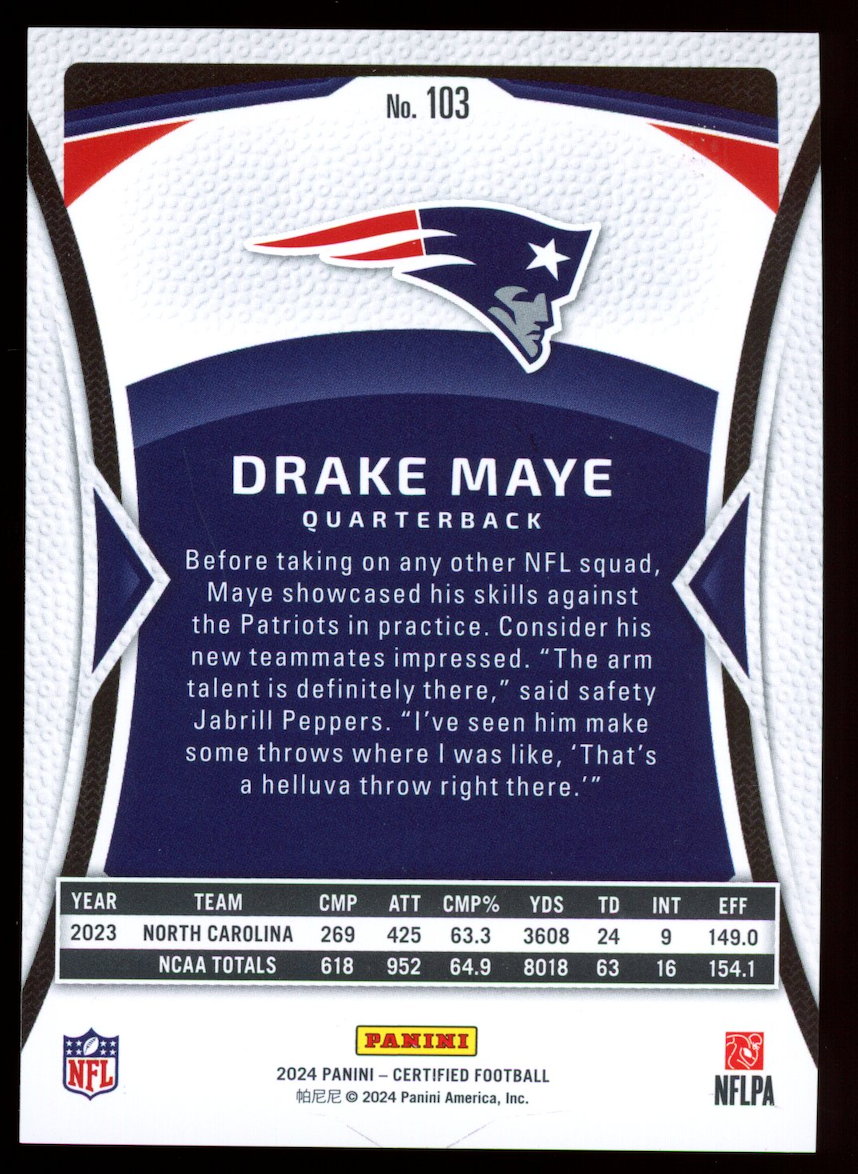 DRAKE MAYE 2024 Panini Certified Rookie Mirror Pink /225 #103 Patriots