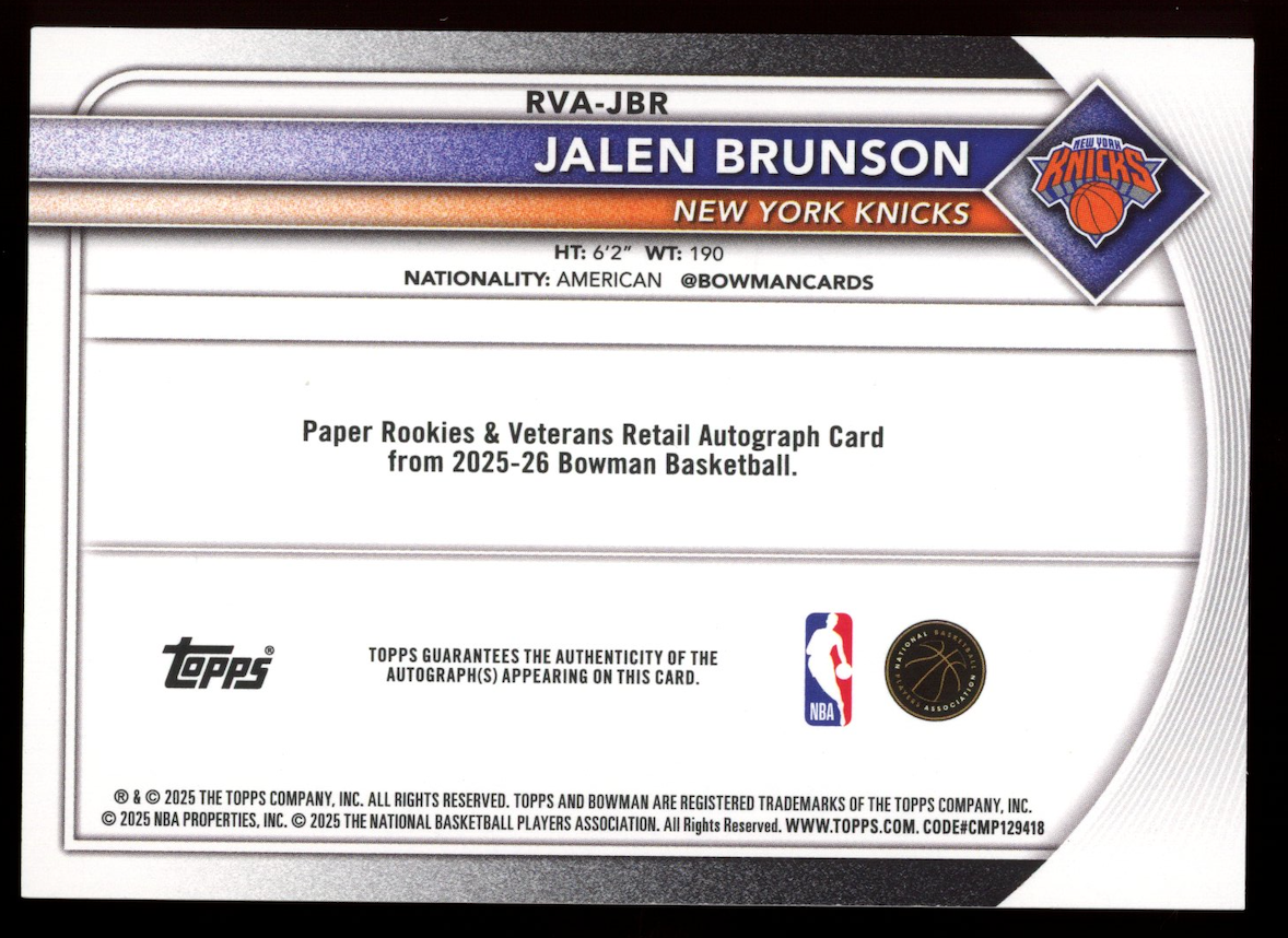 JALEN BRUNSON 2025-26 Bowman Paper Veteran Orange Auto /25 #RVA-JBR Knicks