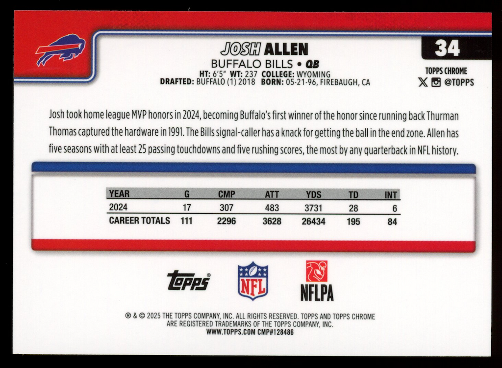 JOSH ALLEN 2025 Topps Chrome Image Variation Refractor SP #34 Bills
