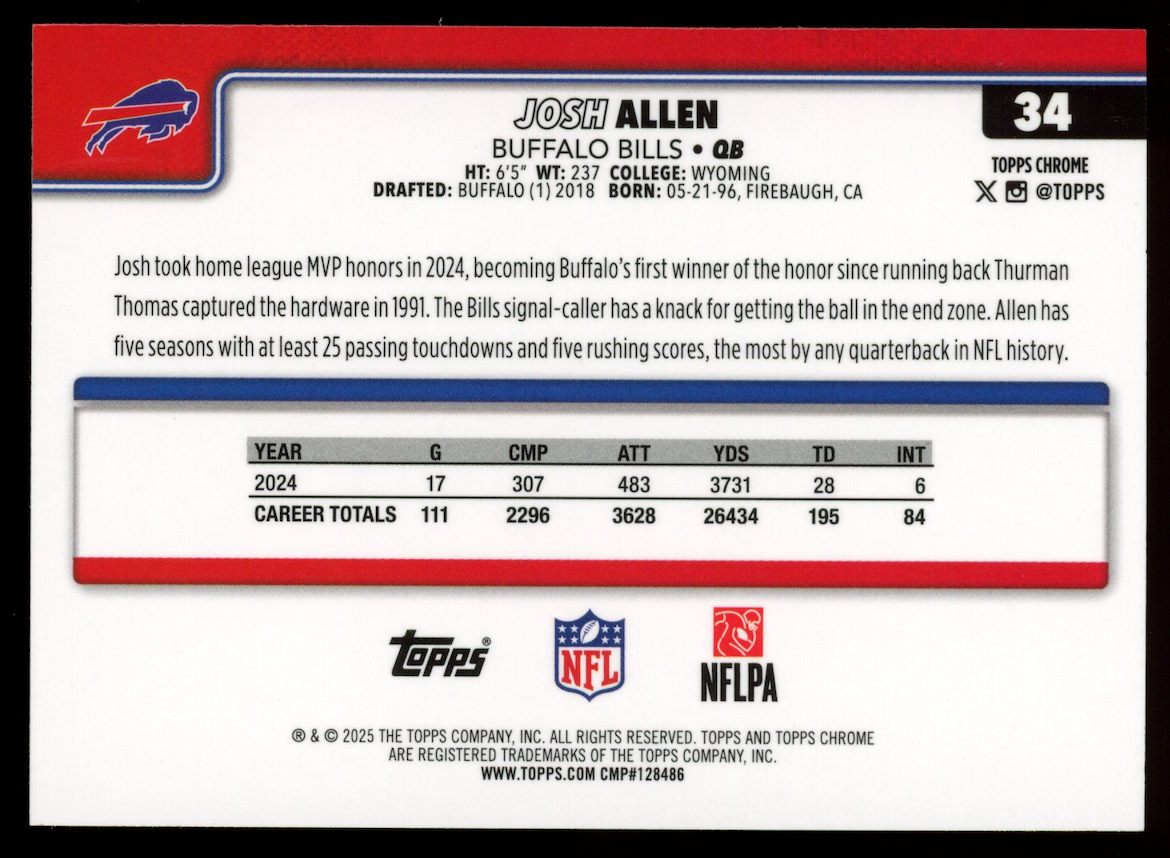 JOSH ALLEN 2025 Topps Chrome Image Variation Refractor SP #34 Bills