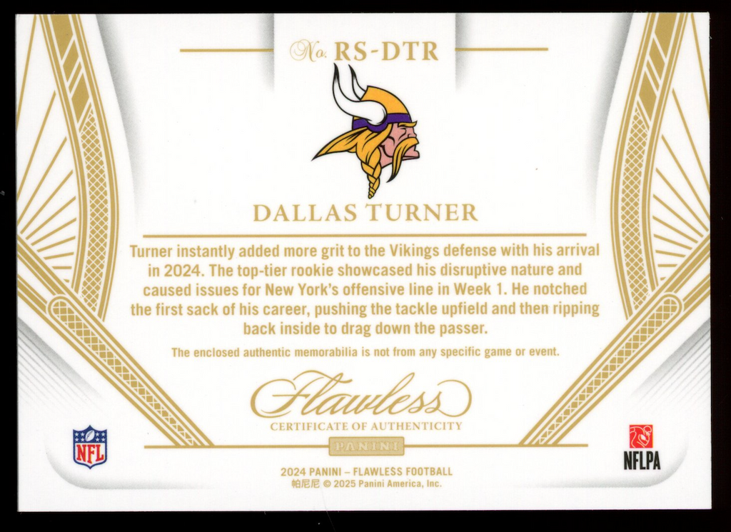 DALLAS TURNER 2024 Panini Flawless Rookie Showcase Emerald Quad Patch /5 #RS-DTR