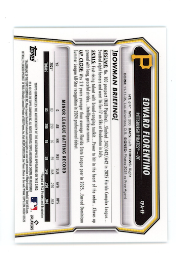 EDWARD FLORENTINO 2026 Bowman 1st Chrome Prospect Auto #CPA-EF Pirates
