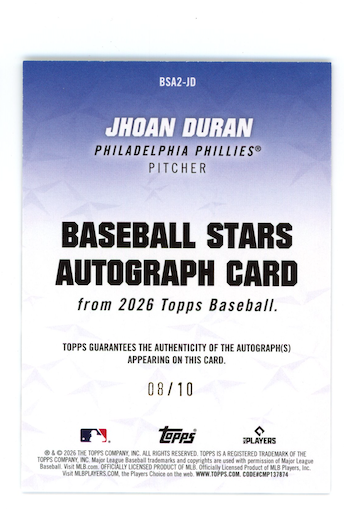 JHOAN DURAN 2026 Topps Series 2 Baseball Stars Auto Black /10 #BSA2-JD Phillies
