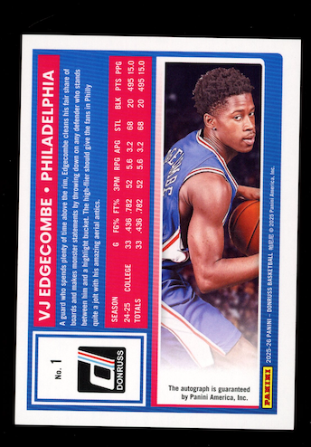 VJ EDGECOMBE 2025-26 Panini Donruss Rated Rookie Auto Silver Holo /75 #1 76ers