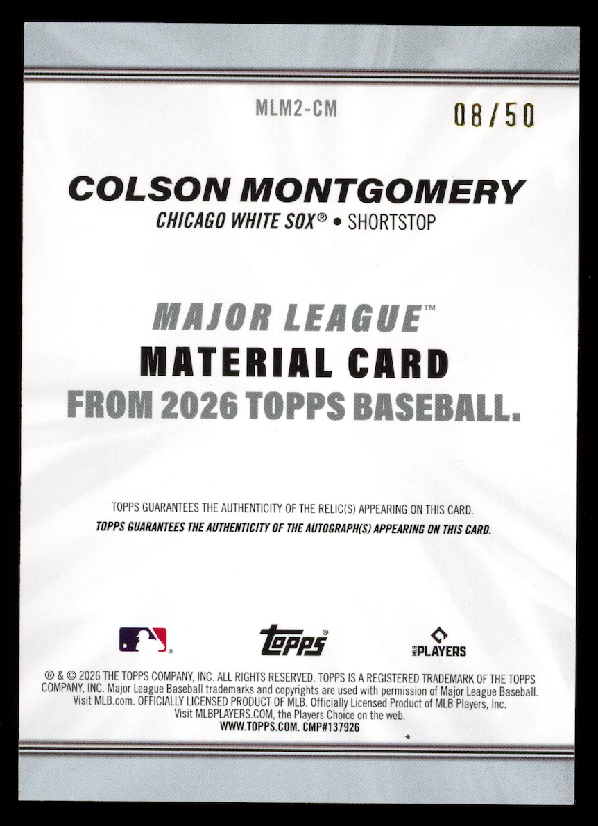 COLSON MONTGOMERY 2026 Topps Major League Material Rookie Auto Gold /50 #MLM2-CM