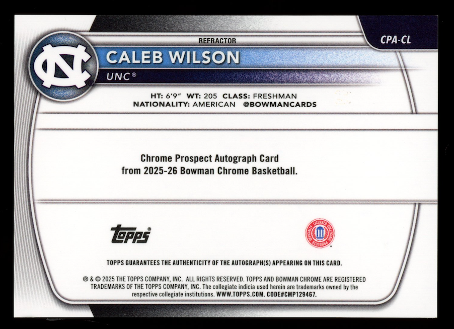 CALEB WILSON 2025-26 Bowman Chrome 1st Prospect Auto Refractor /499 #CPA-CL UNC