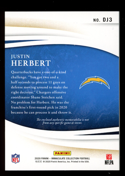JUSTIN HERBERT 2020 Panini Immaculate Collection Rookie Dual Patch Gold /25 #DJ3
