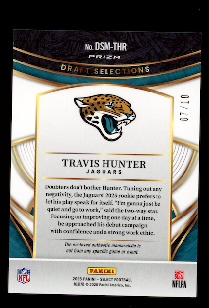 TRAVIS HUNTER 2025 Panini Select Draft Selections Rookie Patch Gold Prizm /10