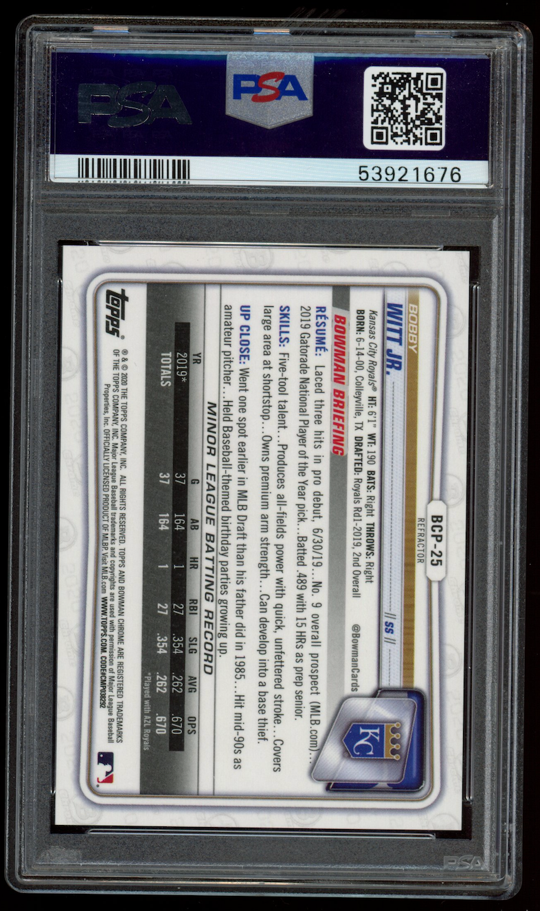 BOBBY WITT JR. 2020 Bowman Chrome 1st Prospects Refractor /499 #BCP25 PSA 10