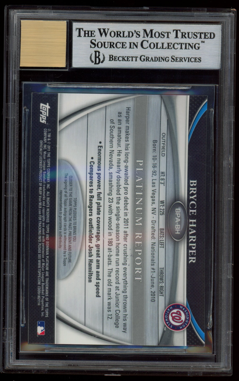 BRYCE HARPER 2011 Bowman Platinum Prospect Auto Blue Refractor /99 #BH BGS 9 A10