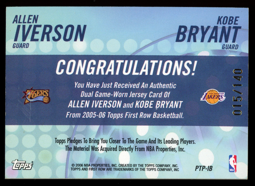 ALLEN IVERSON KOBE BRYANT 2005-06 Topps First Row Game Worn Jersey /140 #PTP-IB