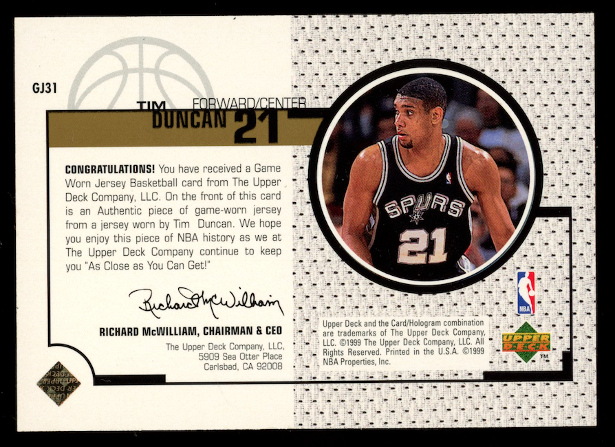 TIM DUNCAN 1998-99 Upper Deck Game Jersey Game Worn Patch #GJ31 Spurs