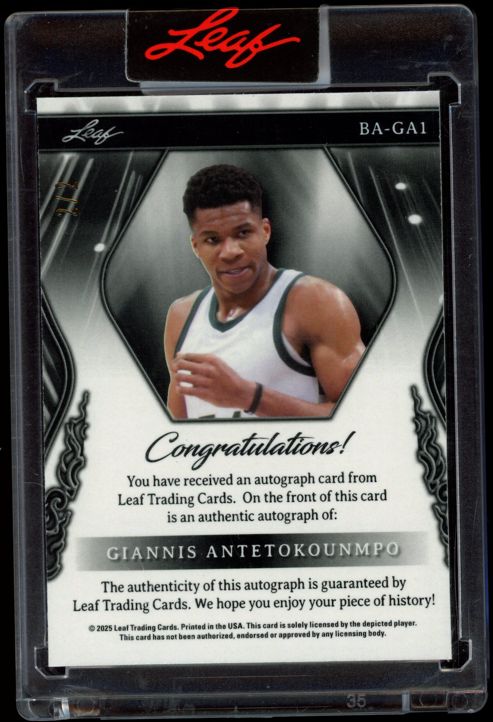 GIANNIS ANTETOKOUNMPO 2025 Leaf Sports Heroes Auto White Ice /2 #BA-GA1 Bucks