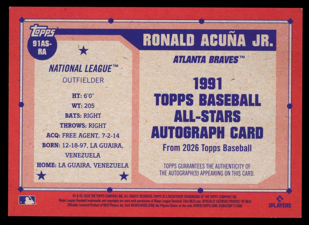RONALD ACUNA JR. 2026 Topps Baseball 1991 All-Stars Auto Gold /50 #91AS-RA