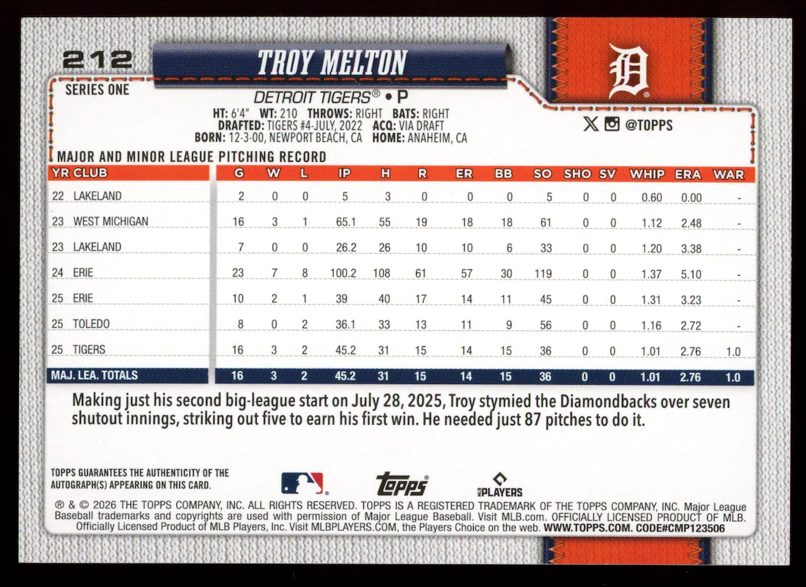 TROY MELTON 2026 Topps Series One Real One Rookie Auto #212 Tigers