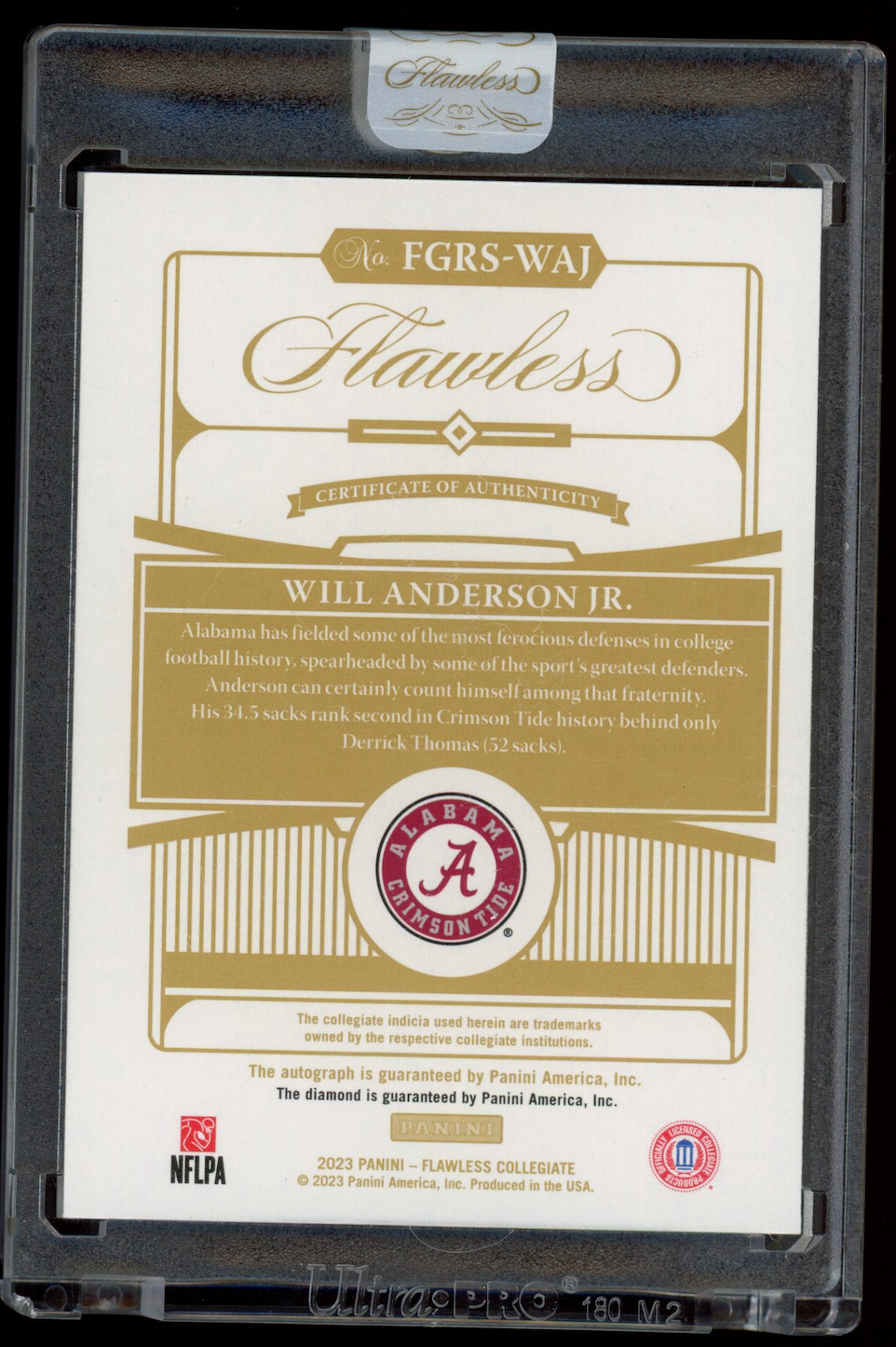 WILL ANDERSON JR. 2023 Panini Flawless Collegiate Rookie Auto /25 #FGRS-WAJ